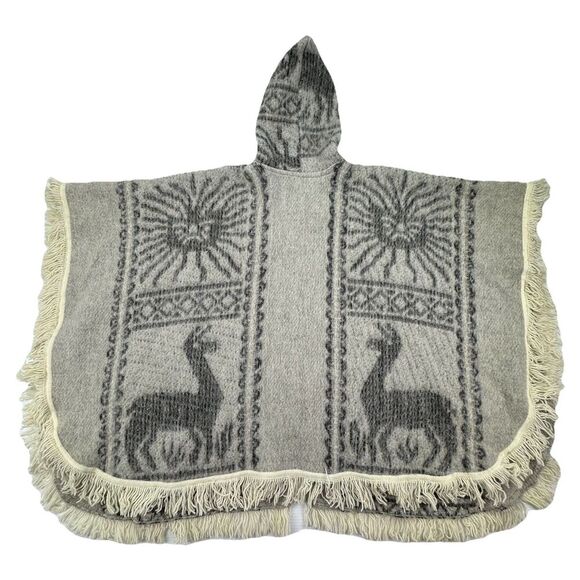 Vintage Alpaca Wool Poncho Cape Hooded Llama Fringe Peru Handmade Boho OS - Picture 10 of 15